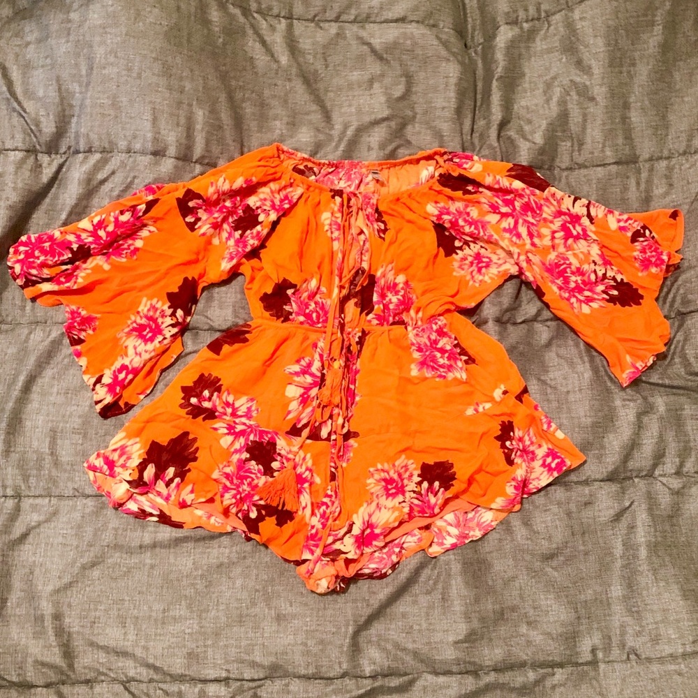 Orange boho off the shoulder floral romper
